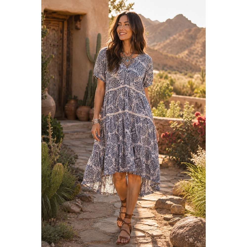 Sundance My Matilda Tiered Midi Dress Women L Navy Floral Crochet High Low Hem
